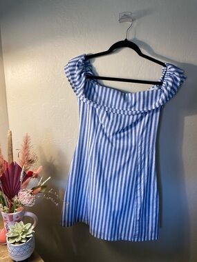 Lulu's Blue and White Striped Off-Shoulder Top